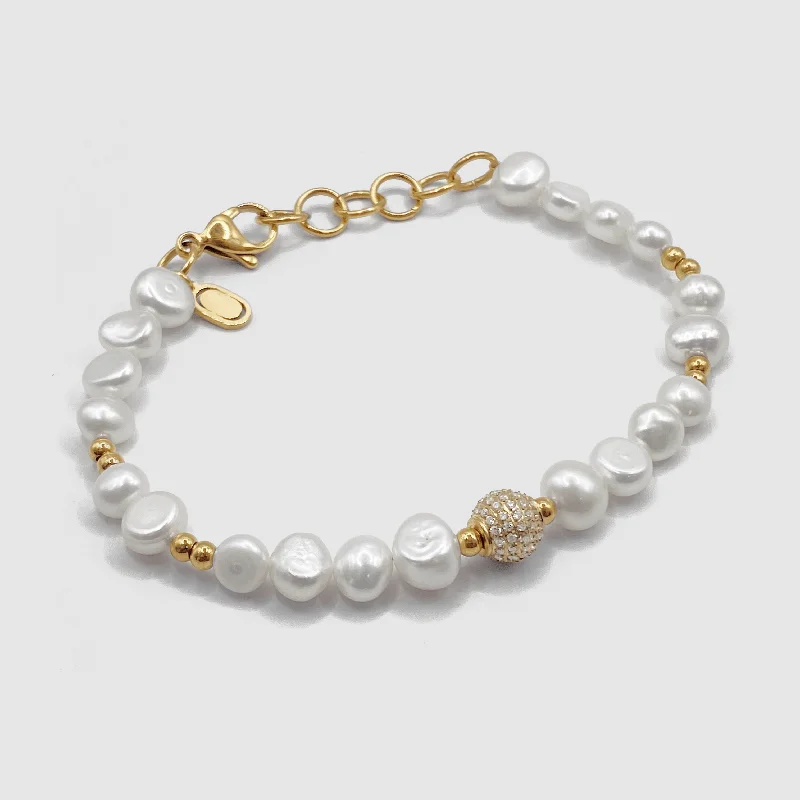 bridal crystal ladies bracelets & bangles-Iced Beaded Real Pearl Bracelet (Gold)