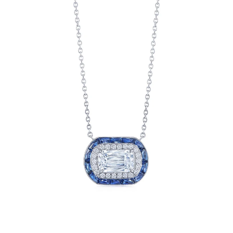 emerald ladies necklace-Ashoka Diamond with Calibre Sapphire Halo Pendant Necklace