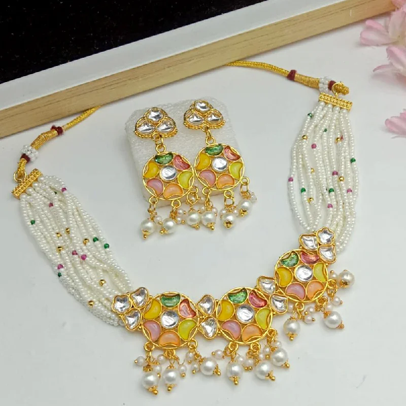 boho style ladies necklace-SP Jewellery Gold Plated Kundan And Pearl Choker Necklace Set