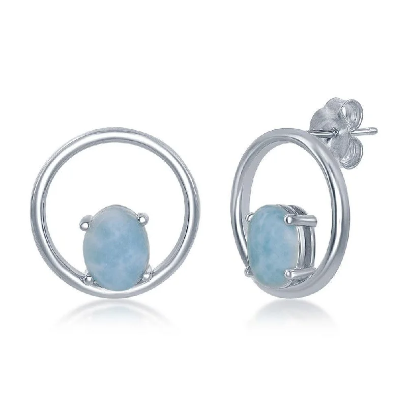 gold ladies earrings-Sterling Silver Oval Larimar Open Circle Earrings