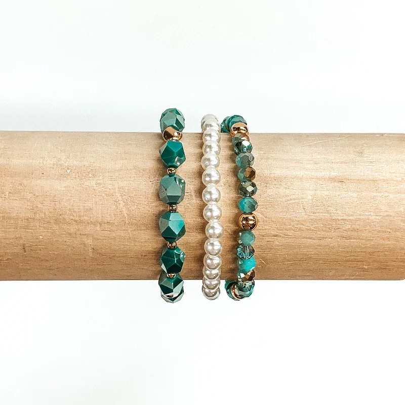 engraved heart ladies bracelets & bangles-Crystal and Pearl Beaded Bracelet Set in Teal