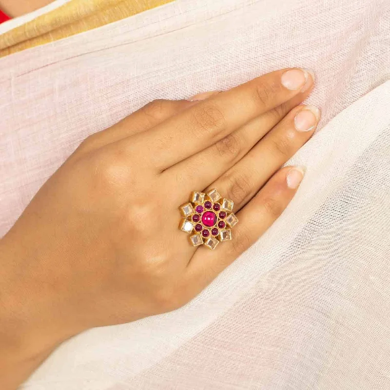 fantasy-inspired ladies ring-Silver Gold Plated Flower Polki Ring