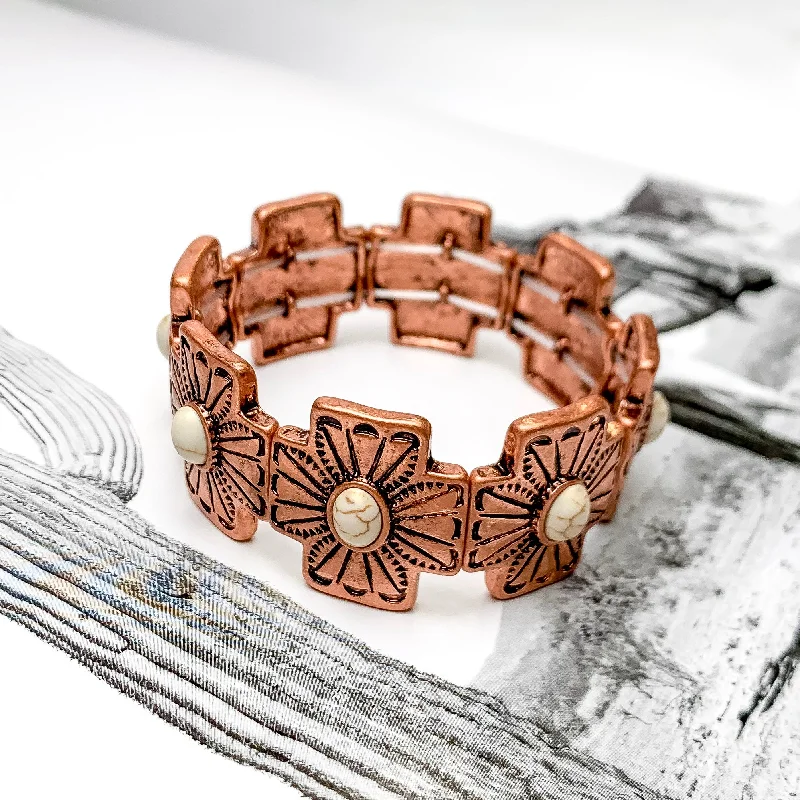 designer luxury ladies bracelets & bangles-Western Cross Bracelet with Ivory Center Stones in Copper Tone