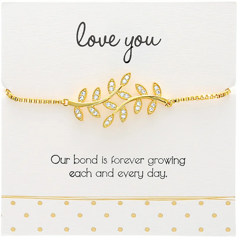 opal ladies bracelets & bangles-Love You White Zircon Leaf - Gold Plated Adjustable Bracelet