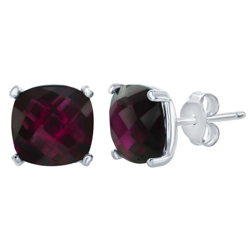 diamond huggie ladies earrings-Classic Women's Earrings - Silver Rhodolite 'October' Birthstone Square | D-6823