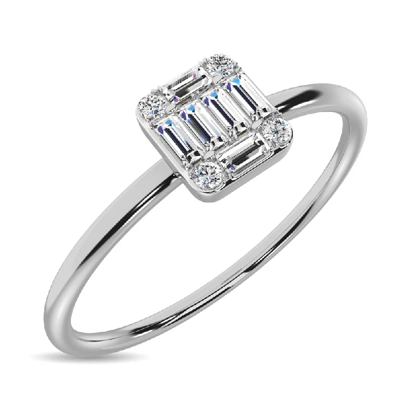 birth month ladies ring-Diamond 1/10 ct tw Round and Baguette Cut Ring in 10K White Gold