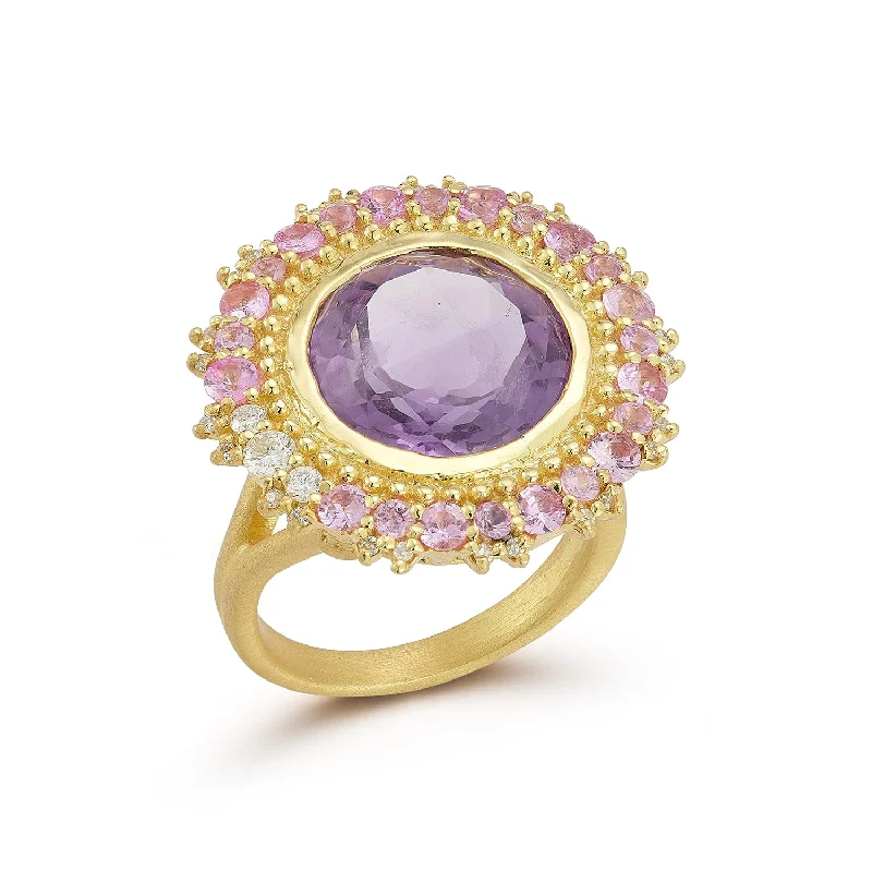 zodiac sign ladies ring-Amethyst & Pink Sapphire Sunburst Ring