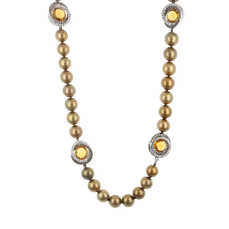 antique-style ladies necklace-Yvel 18K Gold Diamond, Citrine and Brown Pearl Necklace