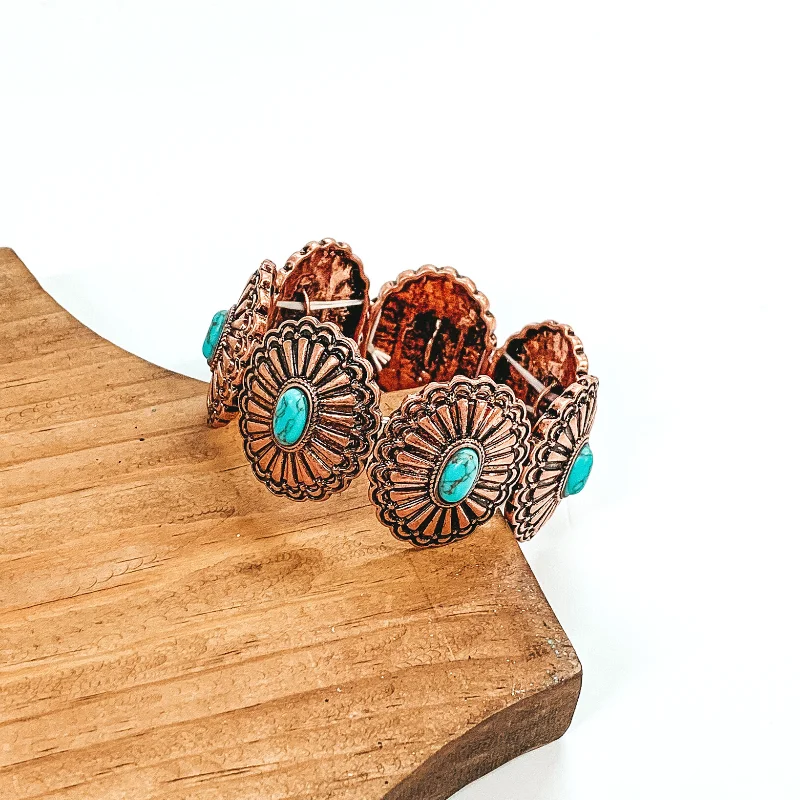 casual chic ladies bracelets & bangles-Western Concho Bracelets with Turquoise Center Stones in Copper Tone