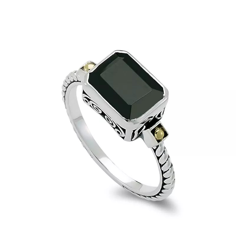 initial engraved ladies ring-Eirini Ring- Black Spinel