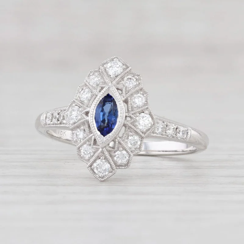 stacking bridal ladies engagement rings-New 0.60ctw Blue Sapphire Diamond Halo Ring 18k White Gold Size 6.75 Engagement