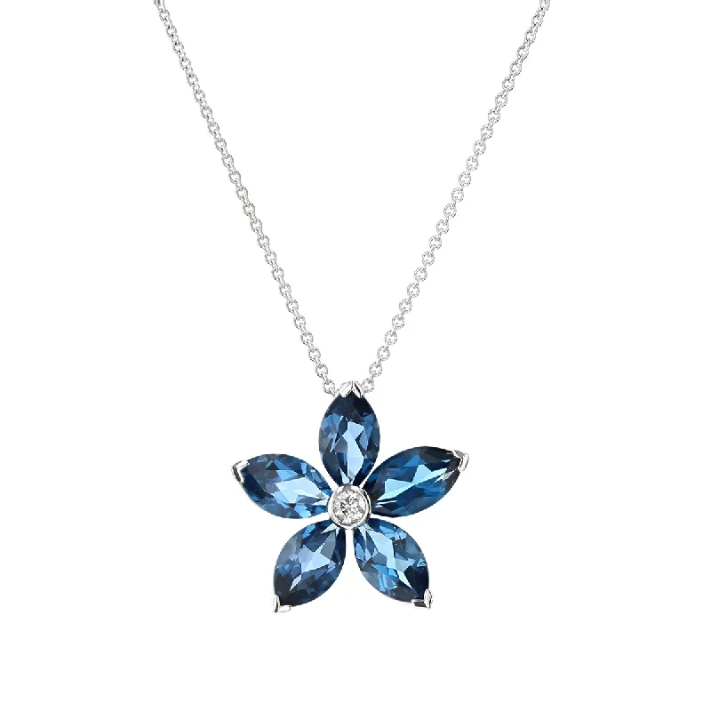 fine jewelry ladies necklace-London Blue Topaz and Diamond Flower Pendant Necklace