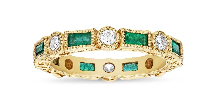 marquise cut ladies ring-Baguette Emerald & Round Diamond Bezel Stack Ring