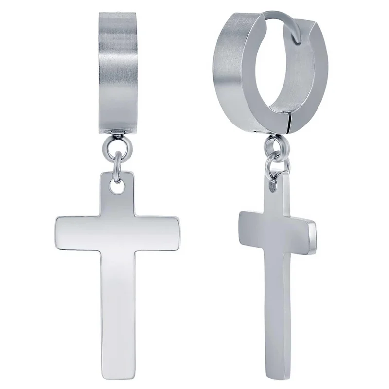 birth month gemstone ladies earrings-Blackjack Men's Earrings - Stainless Steel Cross Charm Polished Huggie Hoop | SA-6084