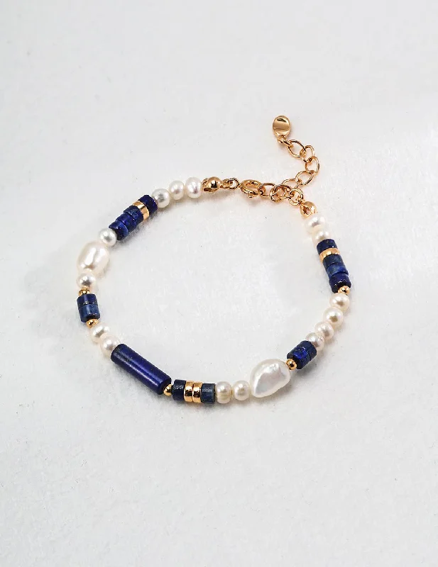 vintage ladies bracelets & bangles-Sterling Silver Lapis Lazuli Pearl Bracelet