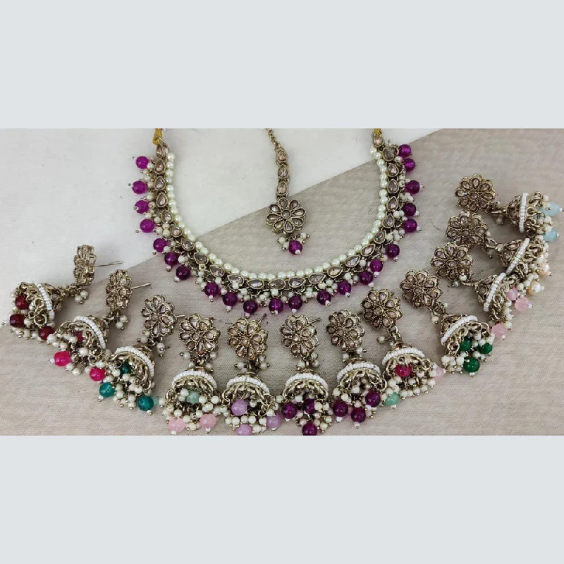 silver multi-layer ladies necklace-Rani Sati Jewels Gold Plated Crystal Stone And Beads Necklace Set