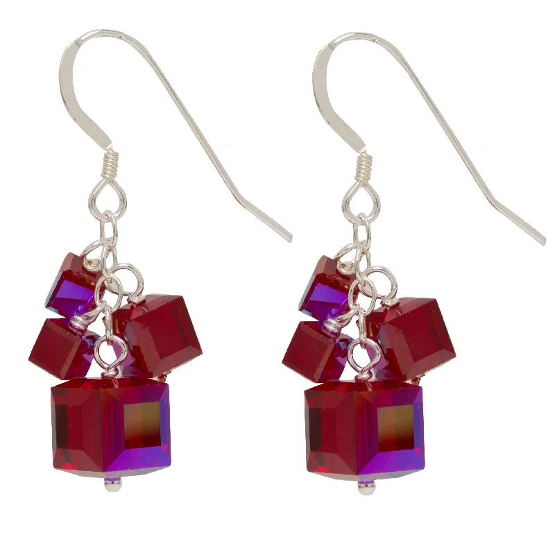 delicate pearl ladies earrings-Ruby Red 4 Swarovski Crystal Cube Earrings