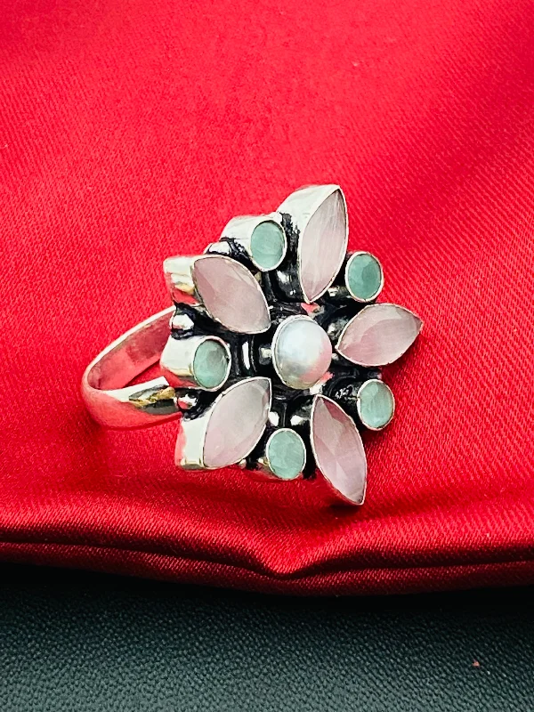 cubic zirconia ladies ring-Trendy Multicolor Stone Beaded Sterling Silver Oxidized Adjustable Designer Ring