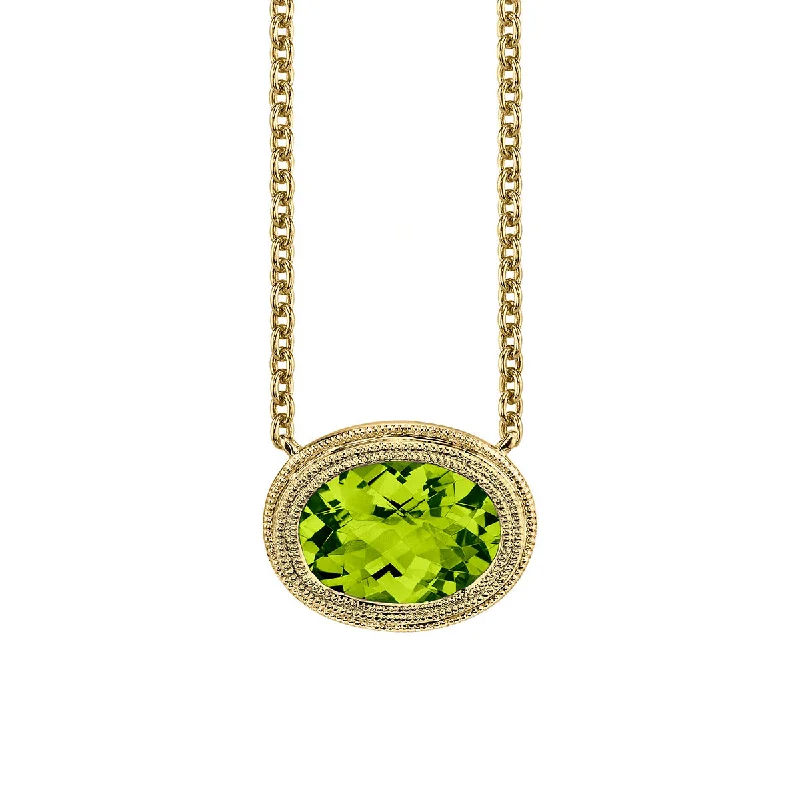 vintage-inspired ladies necklace-14K Yellow Gold Checkerboard Cut Peridot Pendant Necklace