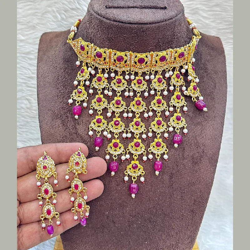 birth month gemstone ladies necklace-Pooja Bangles Gold Plated Austrian Stone And Beads Necklace Set