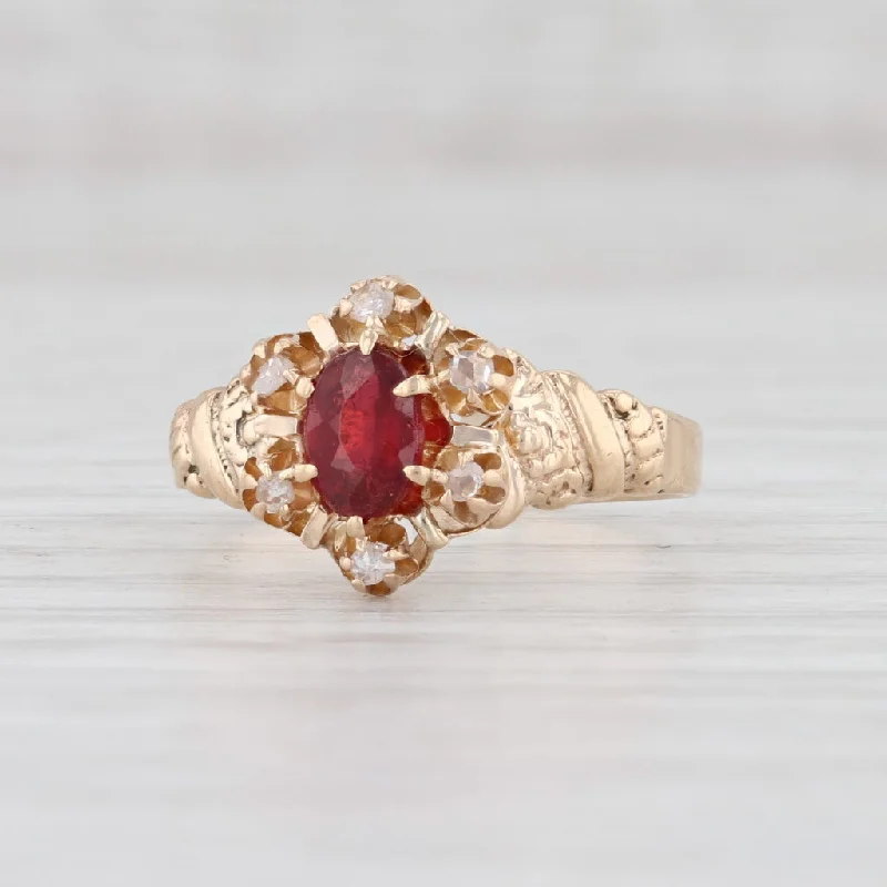 rose gold ladies engagement rings-Vintage Diamond Halo Garnet Ring 10k Yellow Gold Size 6 Engagement Floral Ornate