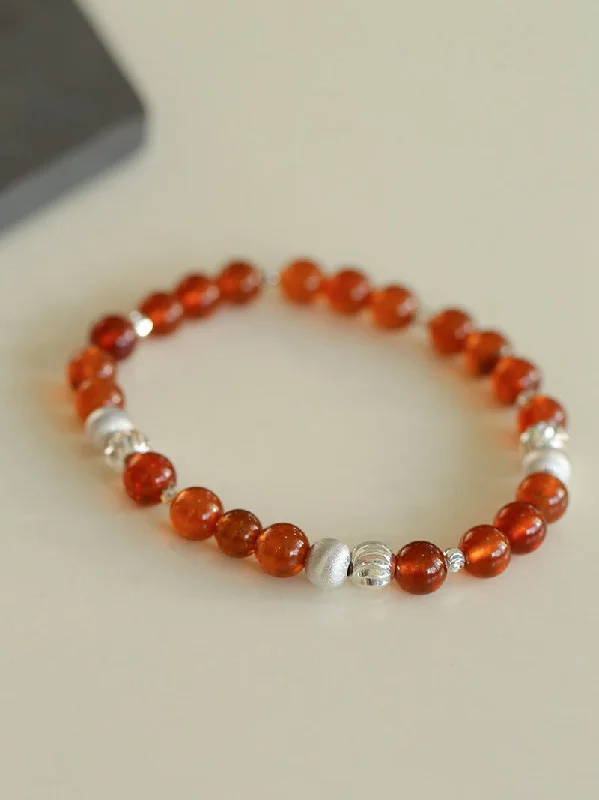 sapphire ladies bracelets & bangles-Orange Red Garnet Cat's Eye Silver Beaded Bracelets