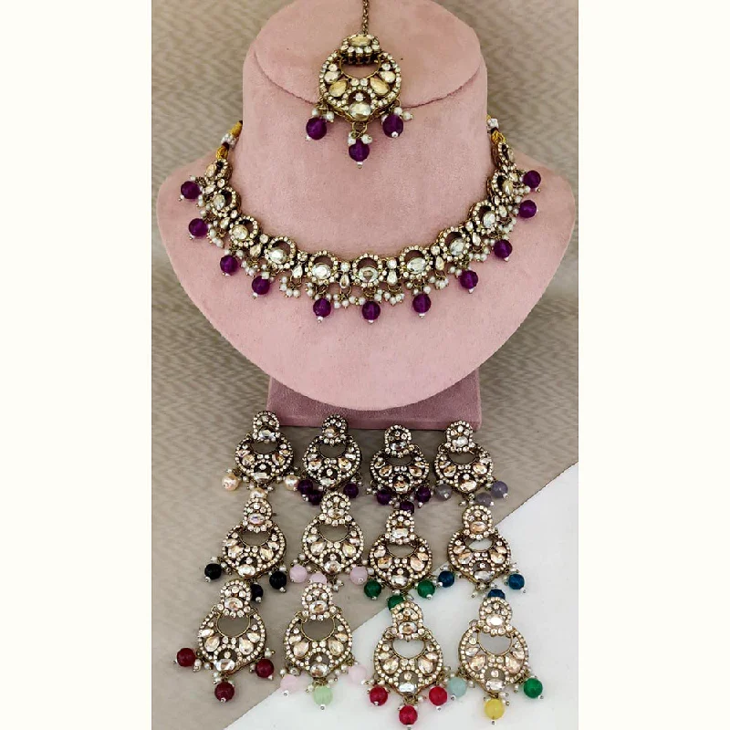 unique statement ladies necklace-Rani Sati Jewels Gold Plated Crystal Stone Choker Necklace Set