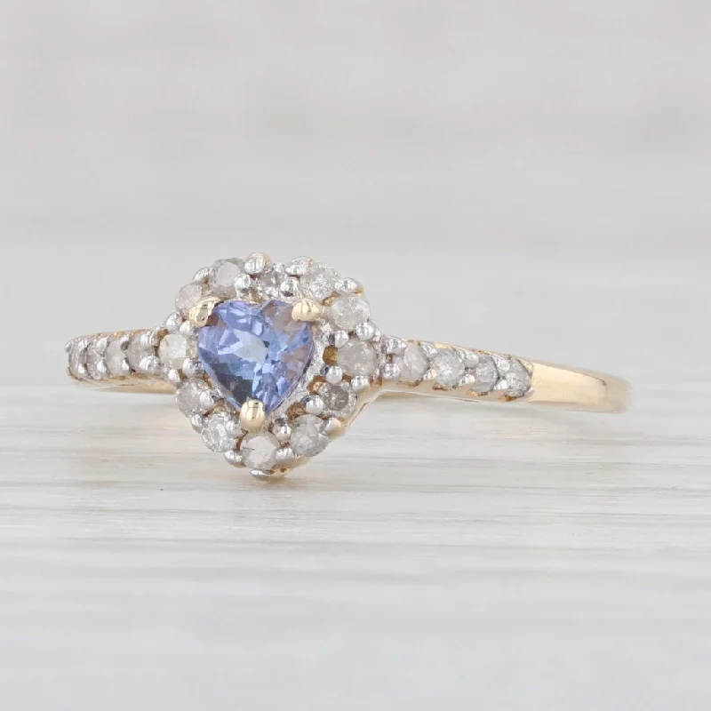 art deco ladies engagement rings-0.32ctw Tanzanite Heart Diamond Halo Ring 10k Yellow Gold Size 7.25 Engagement