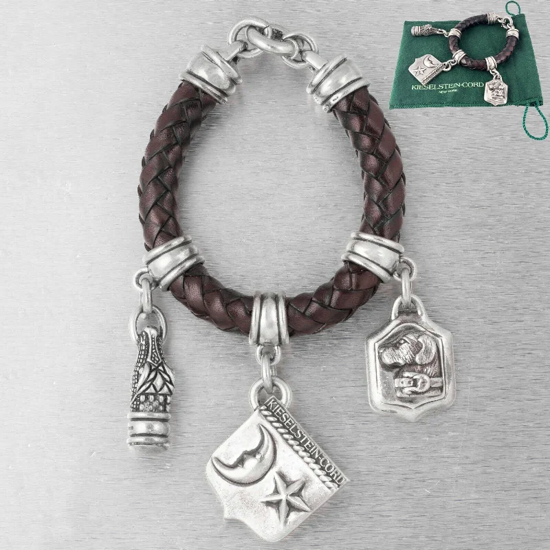 floral design ladies bracelets & bangles-Kieselstein-Cord 925 Silver Star Moon Dog Gator Leather Charm Bracelet 1995 1996