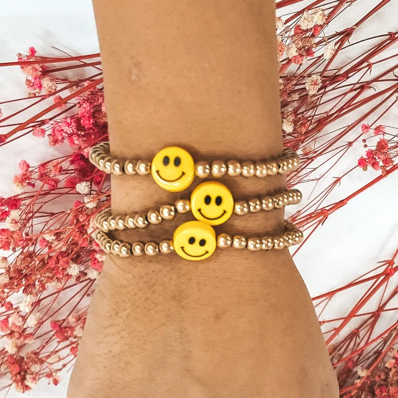 statement ladies bracelets & bangles-Always Smiling Gold Beaded Bracelet Set with Happy Faces in Yellow