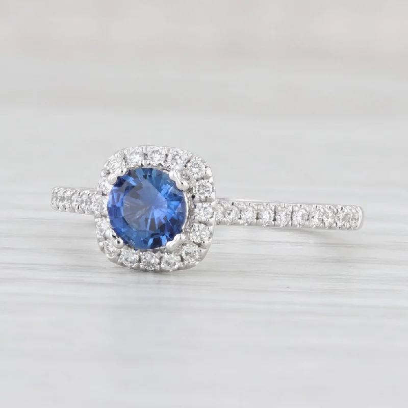 floral halo ladies engagement rings-New 0.95ctw Blue Sapphire Diamond Halo Ring 14k White Gold Engagement Size 6.75