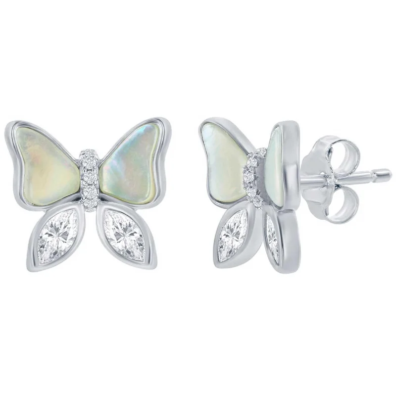 engraved heart ladies earrings-Classic Women's Earrings - Sterling Silver MOP and CZ Butterfly Stud | D-8385