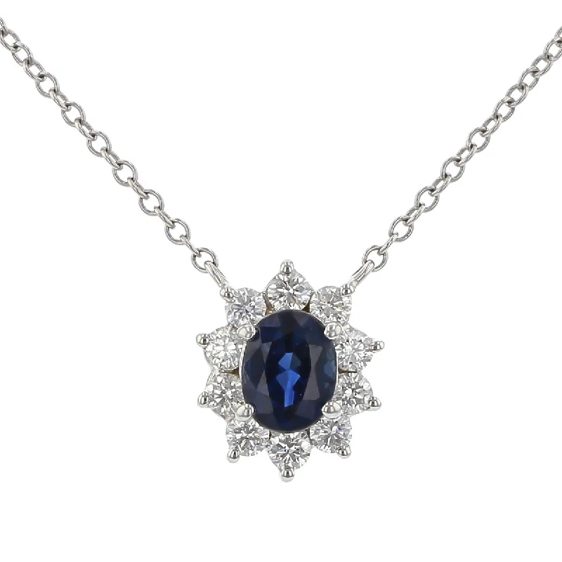 floral design ladies necklace-Sapphire and Diamond Halo Pendant Necklace