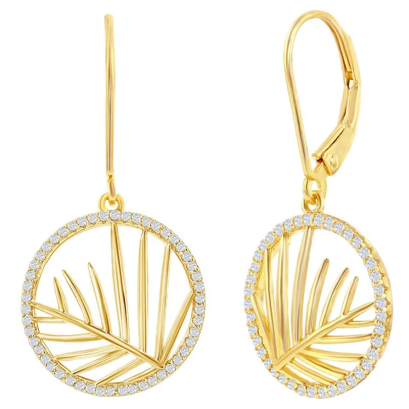 double-layer ladies earrings-Classic Women's Earrings - Round CZ Outline with Center Cut-Out Leaf | D-8409-GP