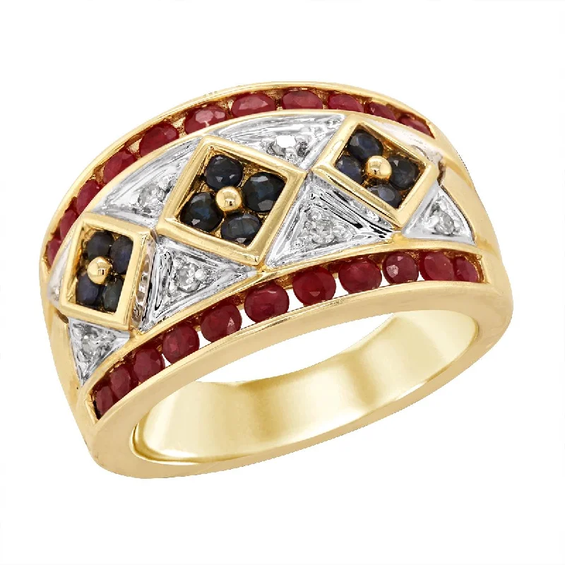 platinum ladies ring-VINTAGE YELLOW GOLD RING WITH SAPPHIRES RUBIES AND DIAMONDS, 1/10 CT TW