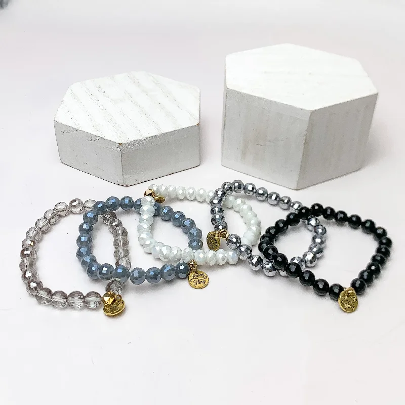 handmade leather ladies bracelets & bangles-Set of Five | All Nighter Crystal Beaded Bracelet Set in Grey, Black, And White