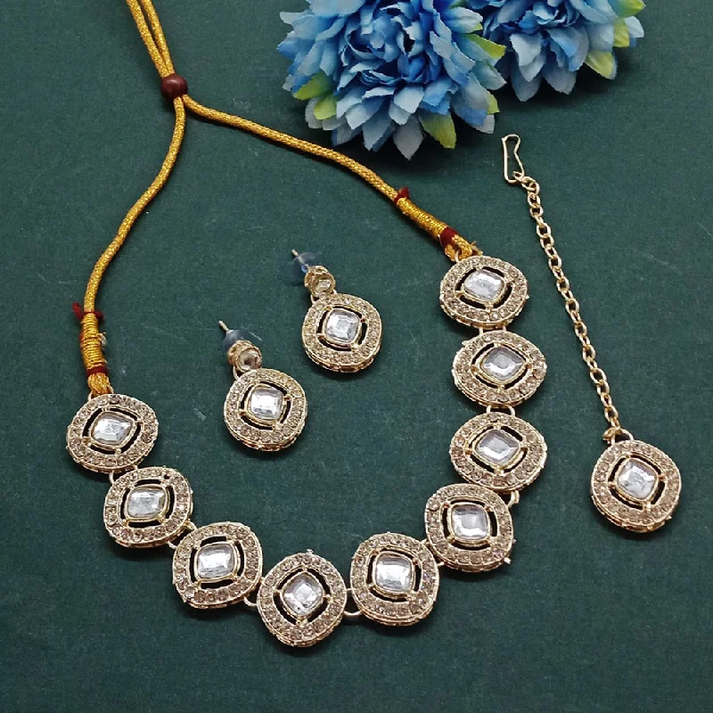 floral design ladies necklace-Gehana Mahal Gold Plated Crystal Stone Squre Shape Choker Necklace Set