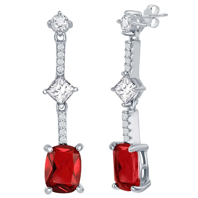 geometric shape ladies earrings-Classic Women's Earrings - Sterling Silver White and Ruby Cushion-Cut CZ | D-7840