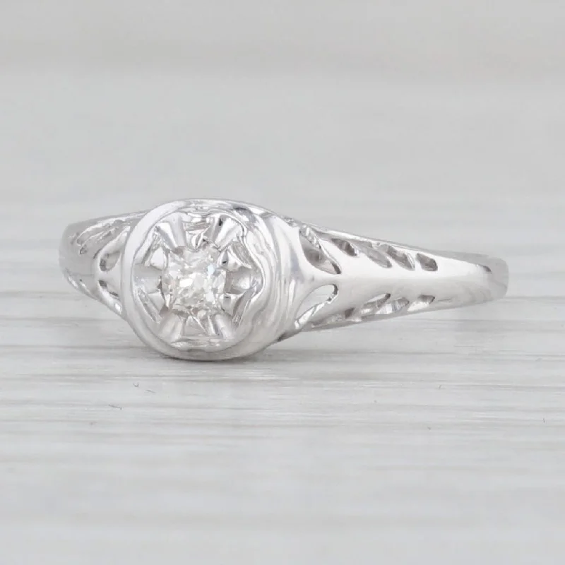 filigree design ladies engagement rings-Vintage 0.24ct Round Diamond Solitaire Engagement Ring 14k White Gold Size 5.5