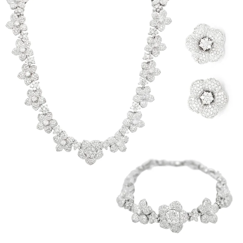 bold chunky ladies bracelets & bangles-Modern 18k White Gold 27ctw Diamond Flower Necklace, Bracelet, & Earrings Set