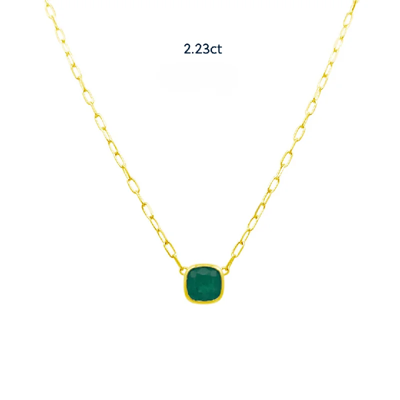 diamond cluster pendant ladies necklace-Bezel Set Cushion Cut Emerald Necklace