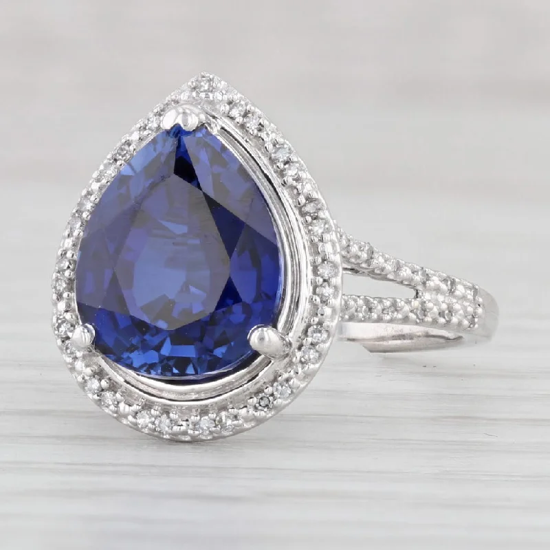 tapered baguette ladies engagement rings-Lab Created Blue Sapphire Diamond Halo Ring 14k White Gold Size 6 Engagement