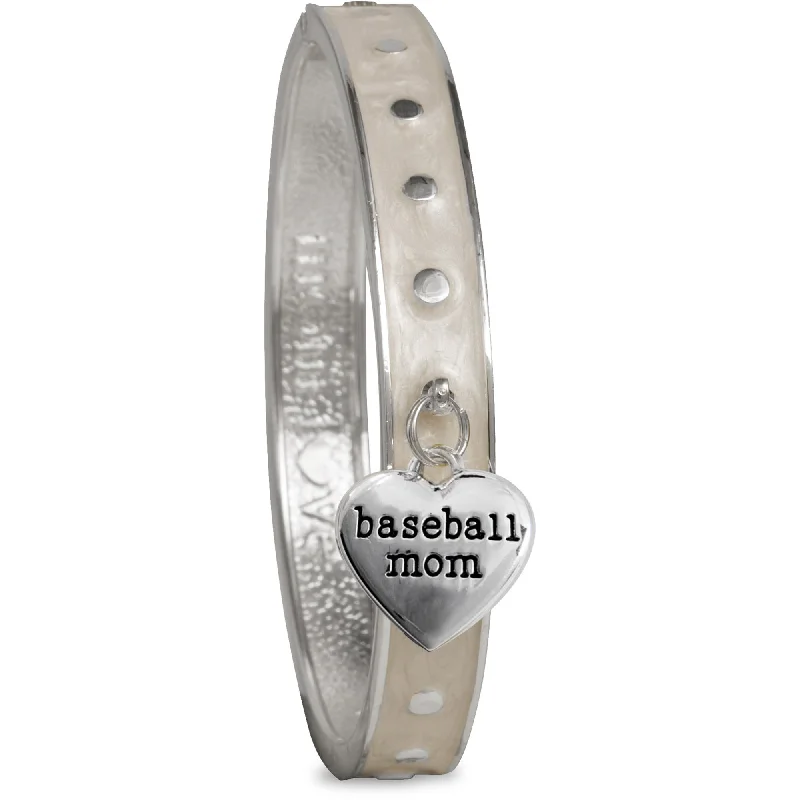 vintage-inspired ladies bracelets & bangles-Baseball Mom White Enamel Bangle Bracelet with Heart Charm