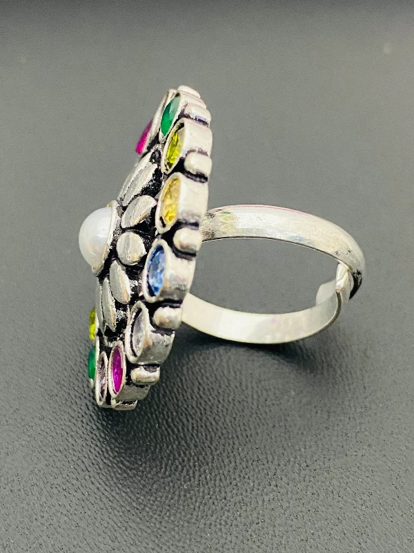 stackable ladies ring-Stunning Multi Color Stone Studded Silver Toned Designer Oxidized Adjustable Finger Ring