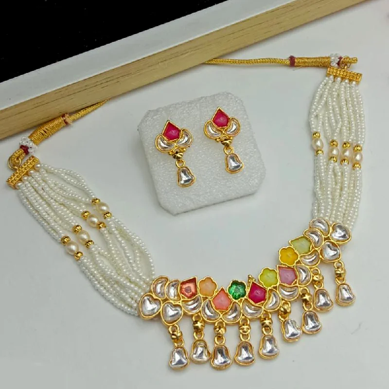 personalized name ladies necklace-SP Jewellery Gold Plated Kundan And Pearl Choker Necklace Set