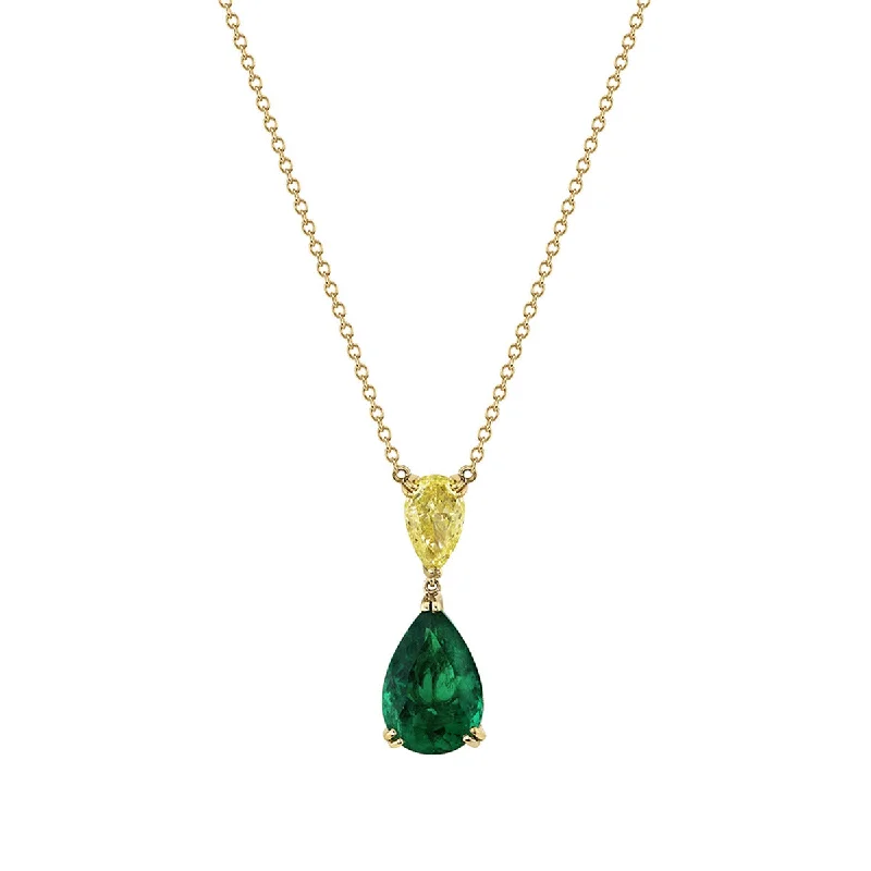 minimalist circle pendant ladies necklace-Emerald and Fancy Intense Yellow Diamond Pendant Necklace