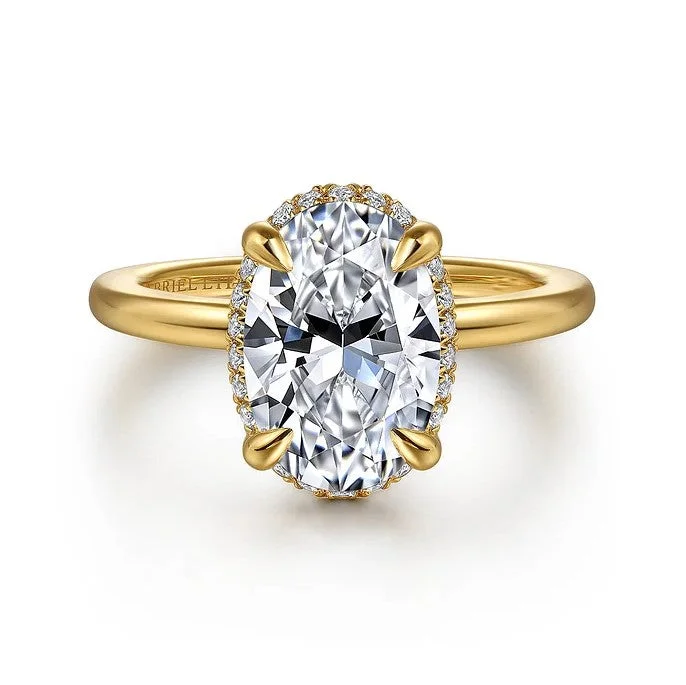 eco-friendly lab-grown ladies engagement rings-Gabriel " Bonnie" 14K Yellow Gold Hidden Halo Oval Engagement Ring