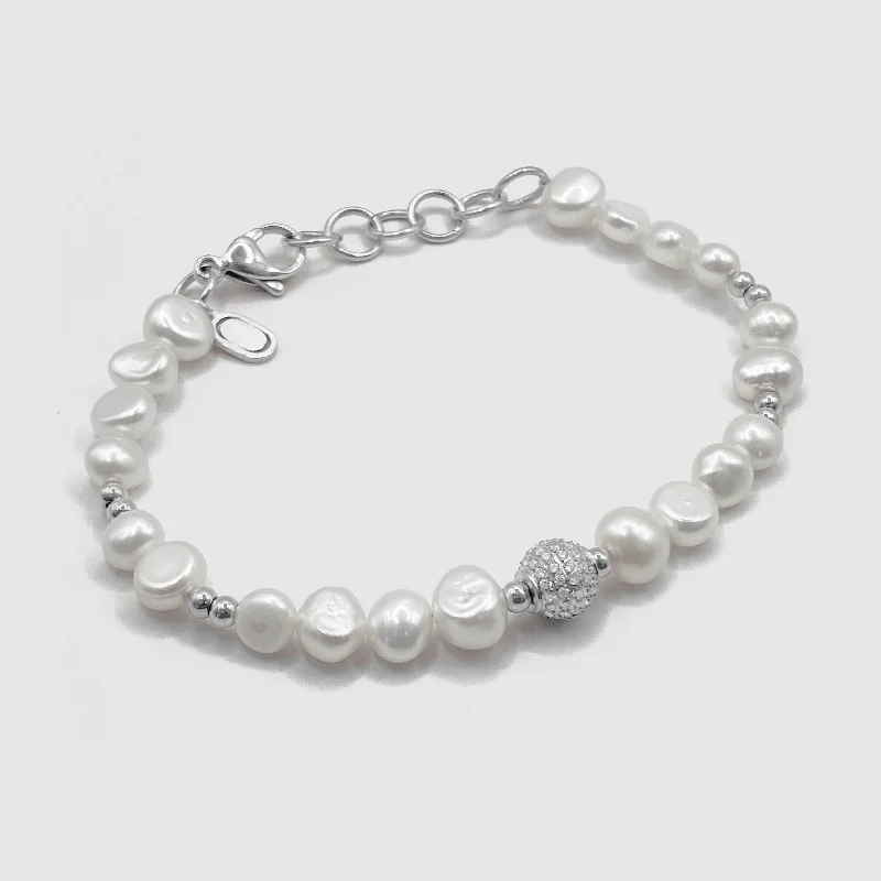 freshwater pearl ladies bracelets & bangles-Iced Beaded Real Pearl Bracelet (Silver)