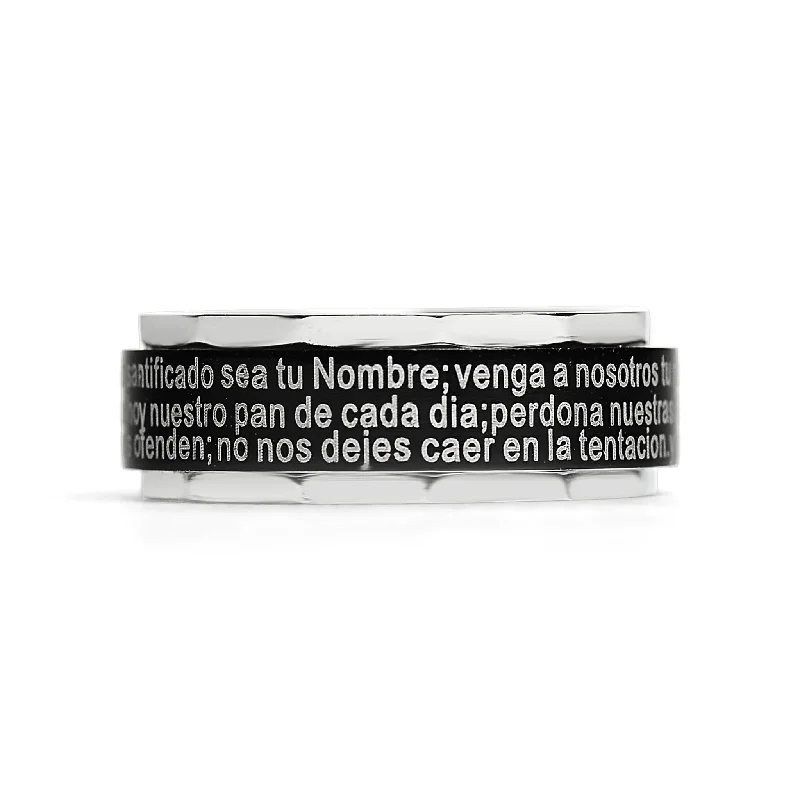 gemstone ladies ring-Black Stainless Steel Spanish Lord's Prayer Center Spinner Ring / SRJ1009