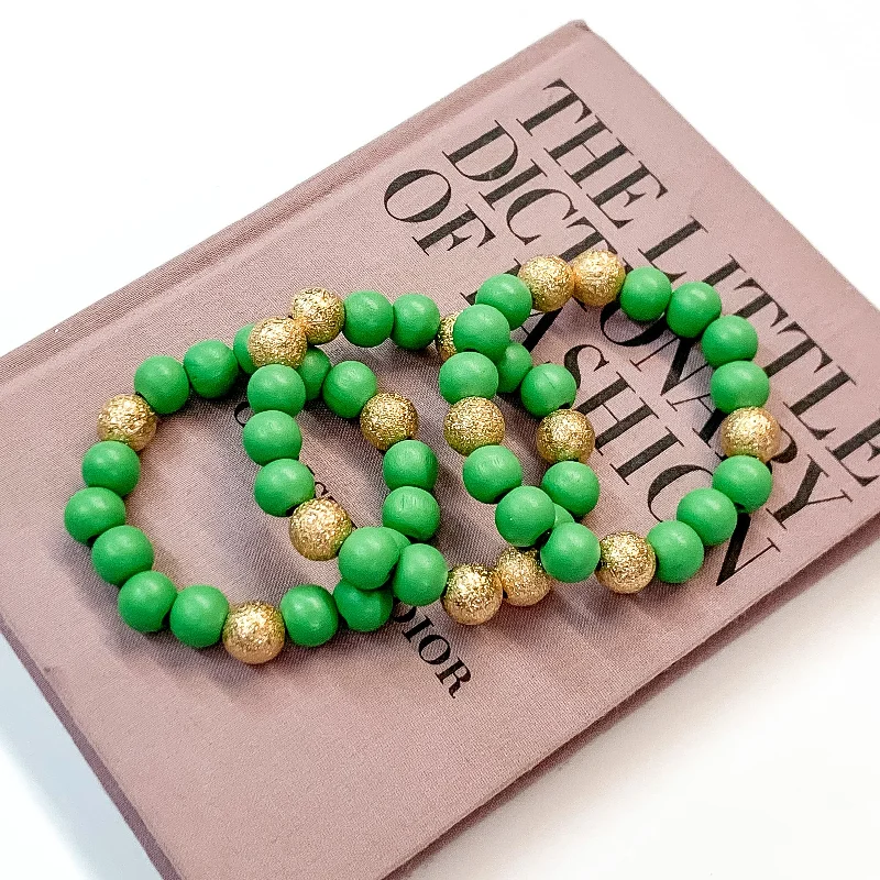 cuff ladies bracelets & bangles-Set of Three | Making Joy Beaded Bracelets with Gold Tone Spacers in Green